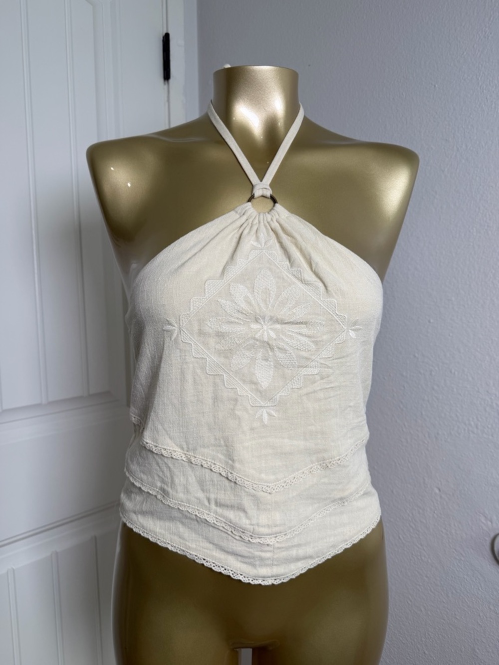 Cream Halter Embroidered Boho Top